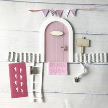 Load image into Gallery viewer, Mini Fairy door Hand Made Cute pink Mouse hole, miniature wooden door with bunting and personalised sign post